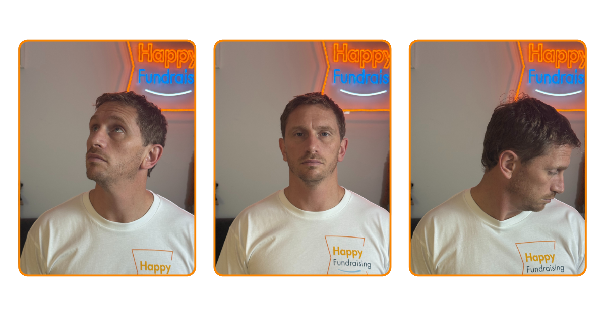 3 images of a man. In two  he looks away from the camera, one directly at the camera, 